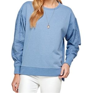 See And Be Seen Women’s Eyelet Sleeve Boxy Sweatshirt Blue Size Small New